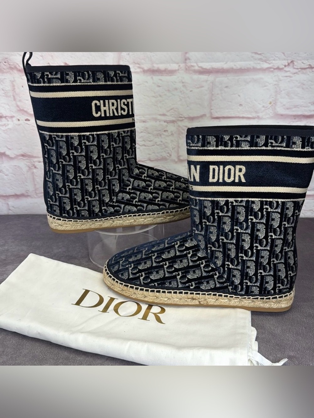 Dior Navy & Cream Canvas Winter Rain Espadrille Boots